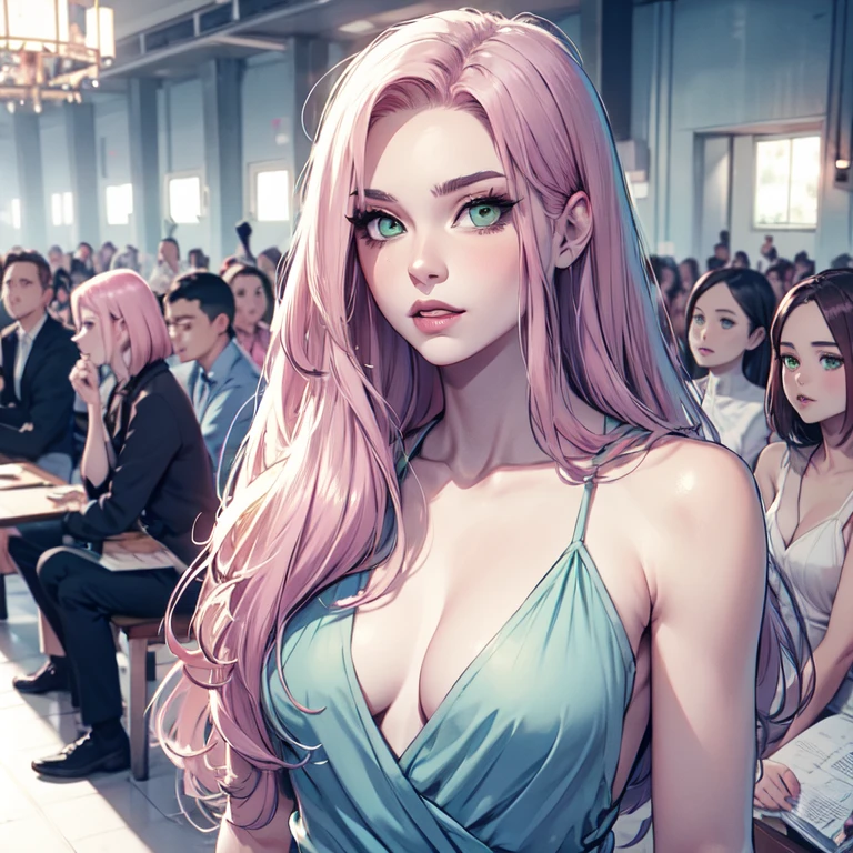 young woman, short shoulder-length pink hair, wide forehead, porcelain skin, pink eyebrows, big emerald green eyes, buttoned nose, full lips, heart-shaped face, slender body, small breasts, red tank top, Sakura Haruno , realistic, realism, details, 3d, well detailed
