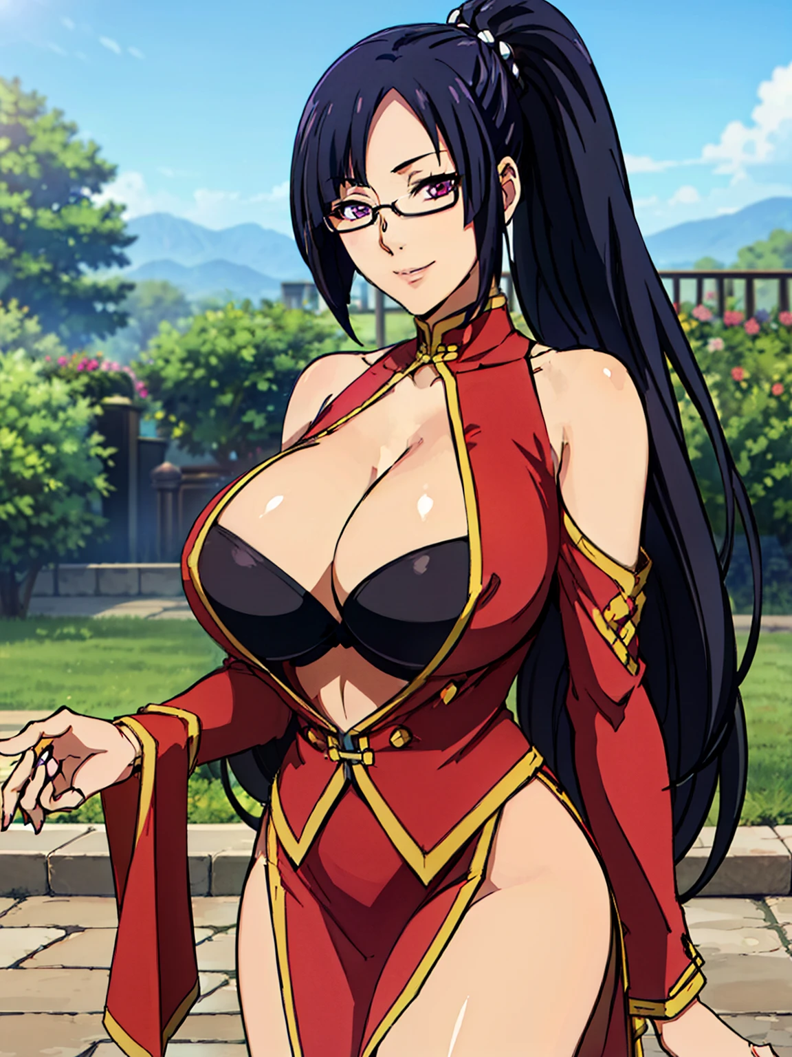 standing, grabbing breasts pose, (pink dress), chinese clothes, cleavage cutout, clothing cutout, bare shoulders, sunny weather, (garden background), Litchi Faye-Ling, mature woman, anime cels style, best quality, high resolution, 1girl, (huge breasts:1.2), beautiful face, Beautiful Finger, Beautiful long legs, Beautiful body, Beautiful Nose,Beautiful character design, semi-rimless eyewear, black hair, very long hair, ponytail,Bangs,purple eyes, (cowboy shot), smiling, looking at viewer