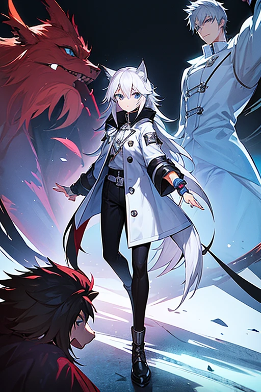 Winter city,whole body,shortness of breath,Beastman,shota,Wolf,headphone,Long Parka,pants,Black
long boots,Stiletto heels with red soles,Running,Character portrait, High resolution,