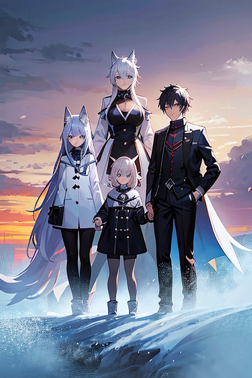 family 7 members, anime, personagens, olhos azuis, cabelo branco, jaqueta branca com detalhes pretos, black pants, wolf and dragon cubs with blue eyes