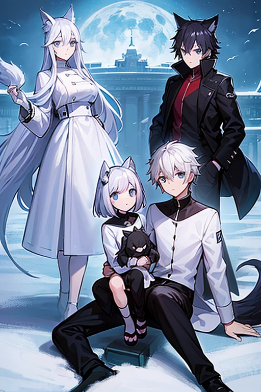 family 7 members, anime, personagens, olhos azuis, cabelo branco, jaqueta branca com detalhes pretos, black pants, wolf and dragon cubs with blue eyes
