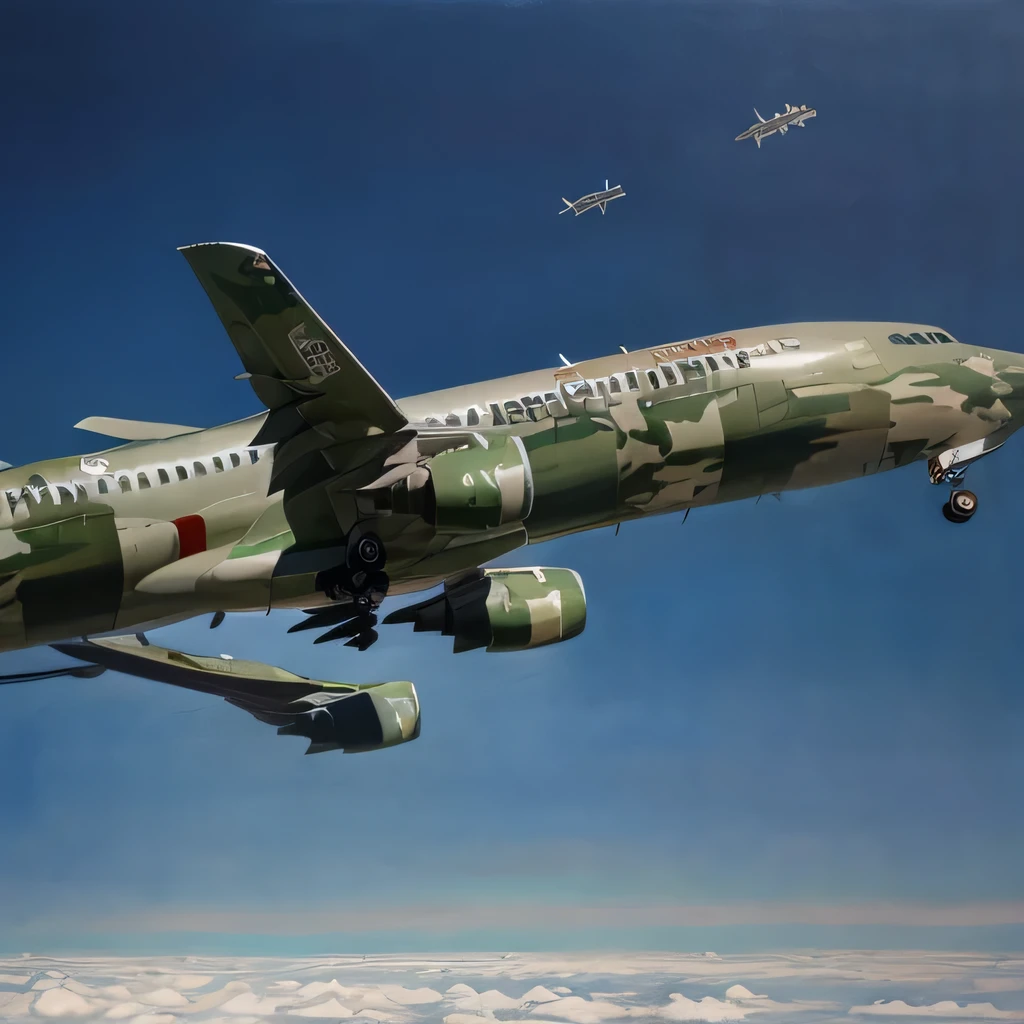 raw photo , 8K, ultra detailed, (realistic:1.2), (camouflage painting transport big airplane:1.5), (in the sky:1.5), (high altitude:1.5),(from side:1.5)