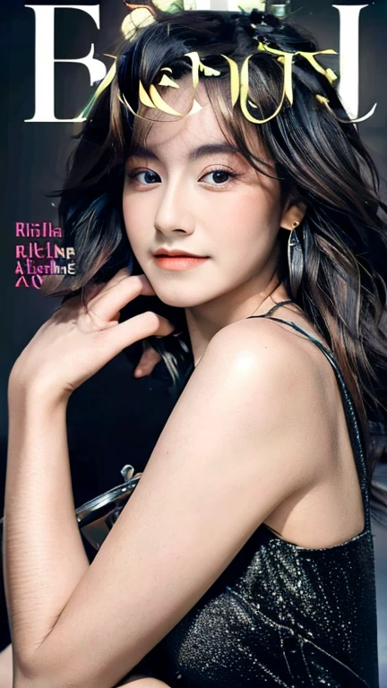 masterpiece, best quality, super high resolution, photography, realistic, super realistic, photorealistic, cinematic lighting, A young adult woman wearing a black dress and looking kindly, magazine cover, fashionable