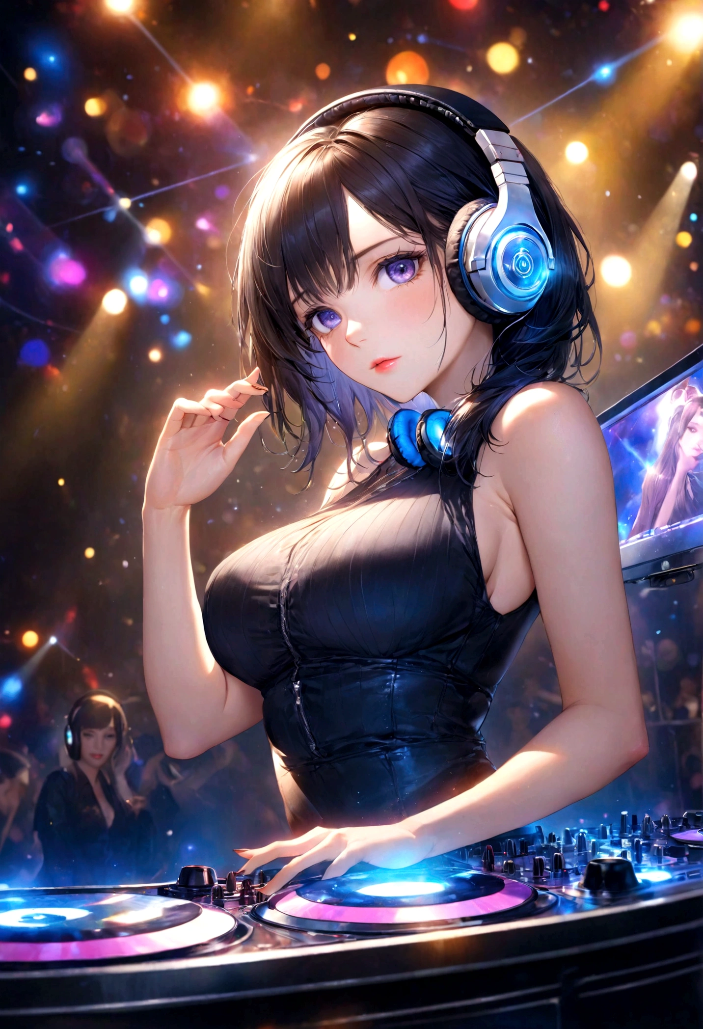 1 girl wearing headphones, beautiful detailed eyes, beautiful detailed lips, extremely detailed face and eyes, long eyelashes, perfect skin, black hair, large breasts, dj, dj booth, dancing to music, club, night live house, red laser lights, blue laser lights, random laser points, virtual reality, golden laser beams, purple laser lights, dj, live stage, realistic fingers, detailed natural fingers, best quality, 4k, 8k, highres, masterpiece:1.2, ultra-detailed, realistic, photorealistic:1.37, HDR, UHD, studio lighting, ultra-fine painting, sharp focus, physically-based rendering, extreme detail description, professional, vivid colors, bokeh