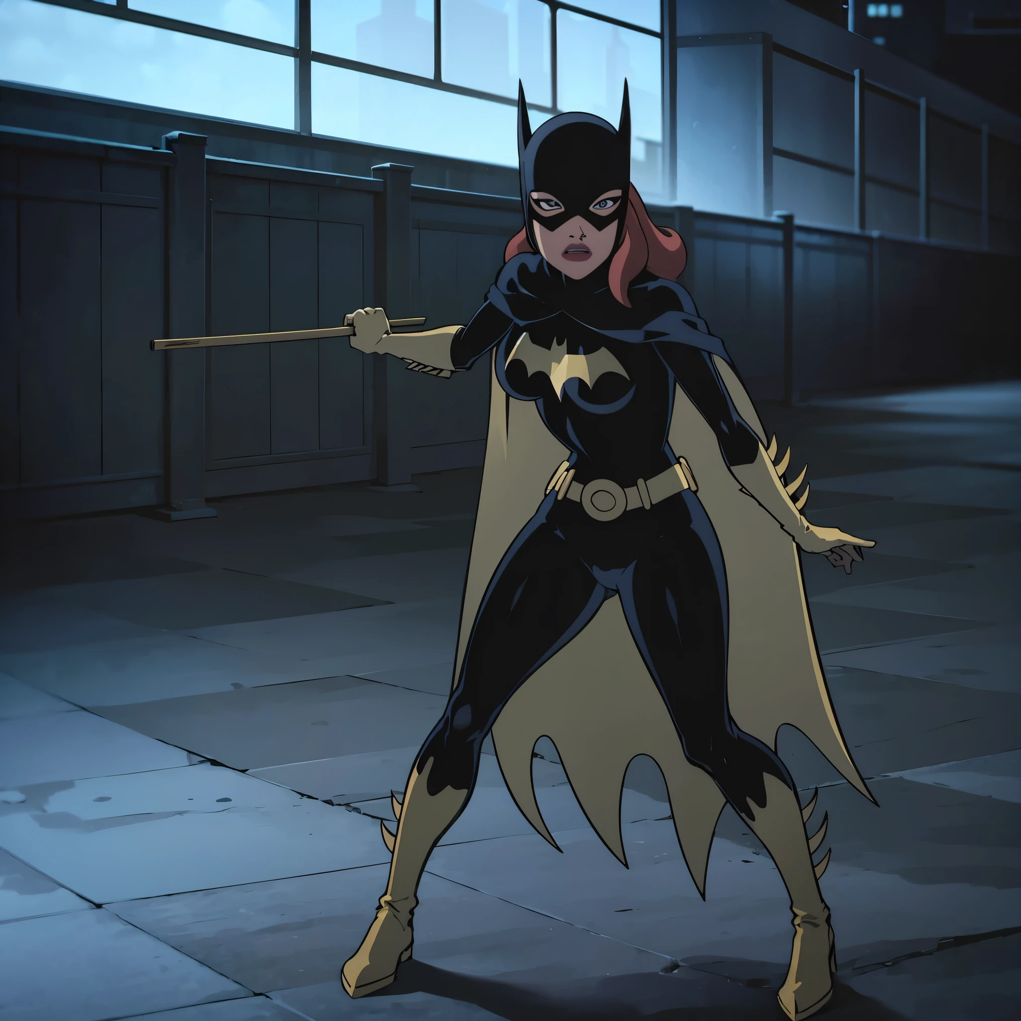 ((full body view)), Batgitlfit, cabelos muito longos, cabelos ruivos, cabelo entre os olhos, rabo de cavalo alto, Fechaduras laterais, olhos azuis, batgirl, roupas brilhantes, body impossible, pele apertada, saia, Olhando para o Viewer apavorada, (pernas musculosas:1.3), Acuada num canto da parede (de quatro),capturada