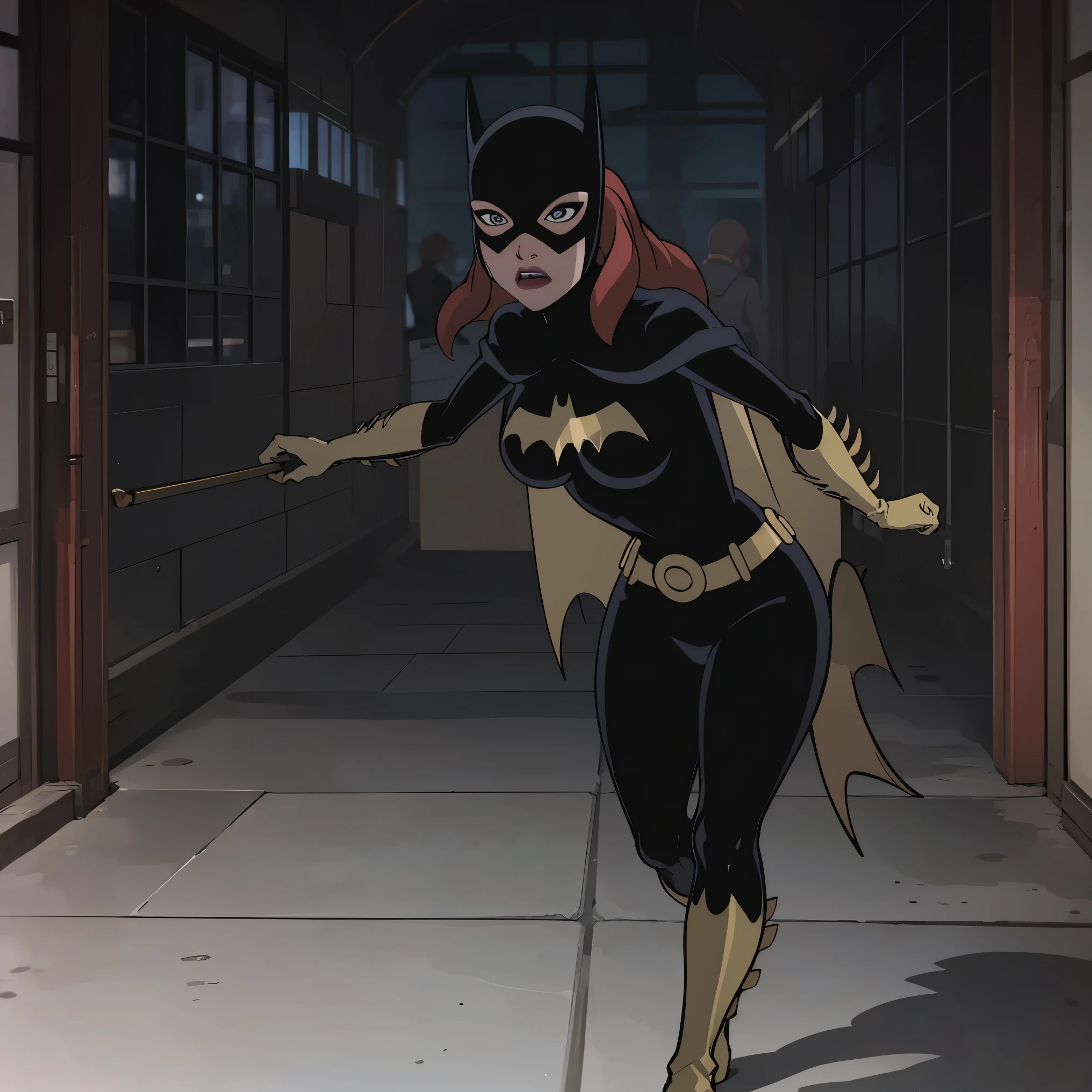 ((full body view)), Batgitlfit, cabelos muito longos, cabelos ruivos, cabelo entre os olhos, rabo de cavalo alto, Fechaduras laterais, olhos azuis, batgirl, roupas brilhantes, body impossible, pele apertada, saia, Olhando para o Viewer apavorada, (pernas musculosas:1.3), Acuada num canto da parede (de quatro),capturada