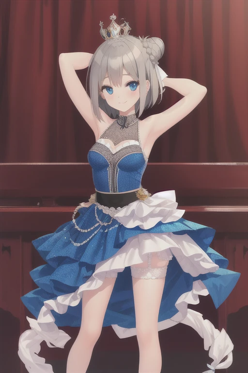 ((Best quality))), ((Ultra-detailed)), ((illustration)), ((Disheveled hair)), ((frilld)), (1 girl), (Solo),,1girl, solo, rating:safe, armband, armpits, arms_up, ballerina, ballet, ballet_slippers, bare_arms, bare_shoulders, black_dress, black_footwear, blue_ribbon, breasts, circle_skirt, cleavage, clothing, crossed_legs, crown, dress, pointe, female, garter, hair_bun, hair_rings, headwear, legs, looking_at_viewer, makaria, plantar_flexion, ribbon, see-through, short_hair, single_hair_bun, small_breasts, smile, standing_on_one_leg, standing, tiara, tied_hair,
gray_hair, blue_eyes,
