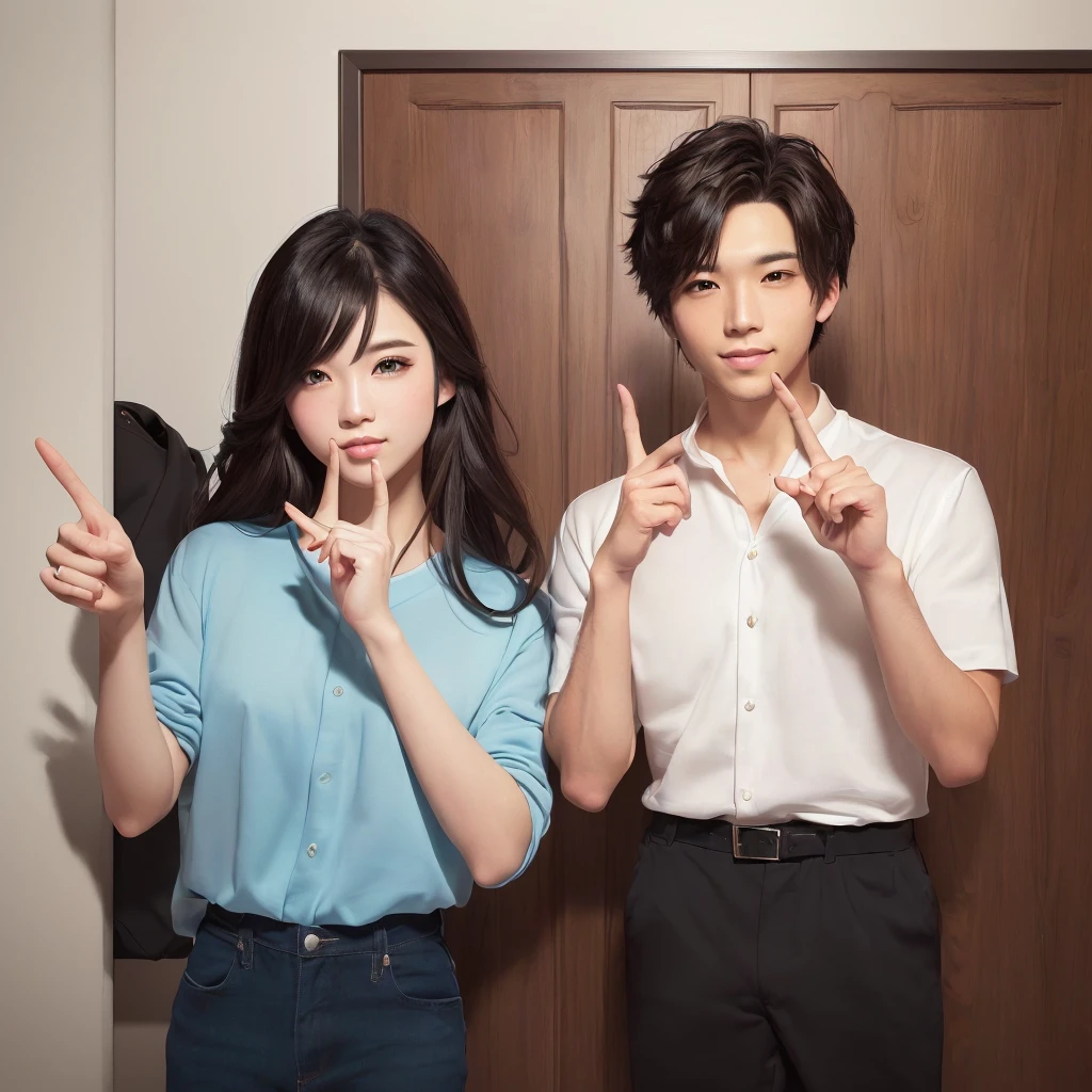 Painting of a man and woman standing in front of a door, With index finger, Handsome pose, Two handsome men,Couple pose, makoto shinkai and artgerm, With two letters, sakimichan and frank franzzeta,