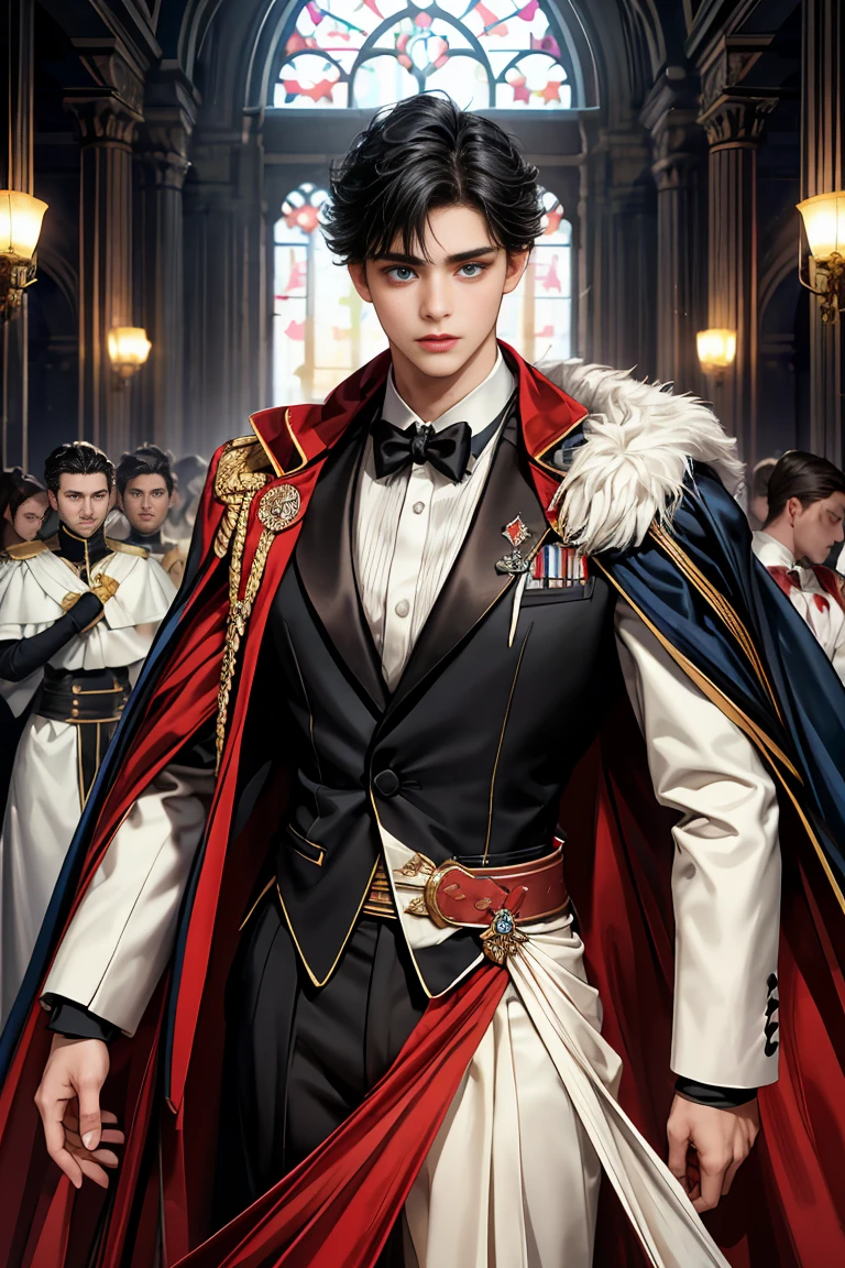 masterpiece, 最high quality, high quality, 1 boy, alone, Male focus, Watching the audience, Messy black hair, Adorable big blue eyes, White, Noble, Noble,Sexy voluminous cape、Tuxedo、A very voluminous, large, very large, very large, long, long red and black cape with a high stand-up collar, reaching down to the floor, made of a lot of fabric., ,Cute beautiful boys,Cute, cute, kind, handsome guy
