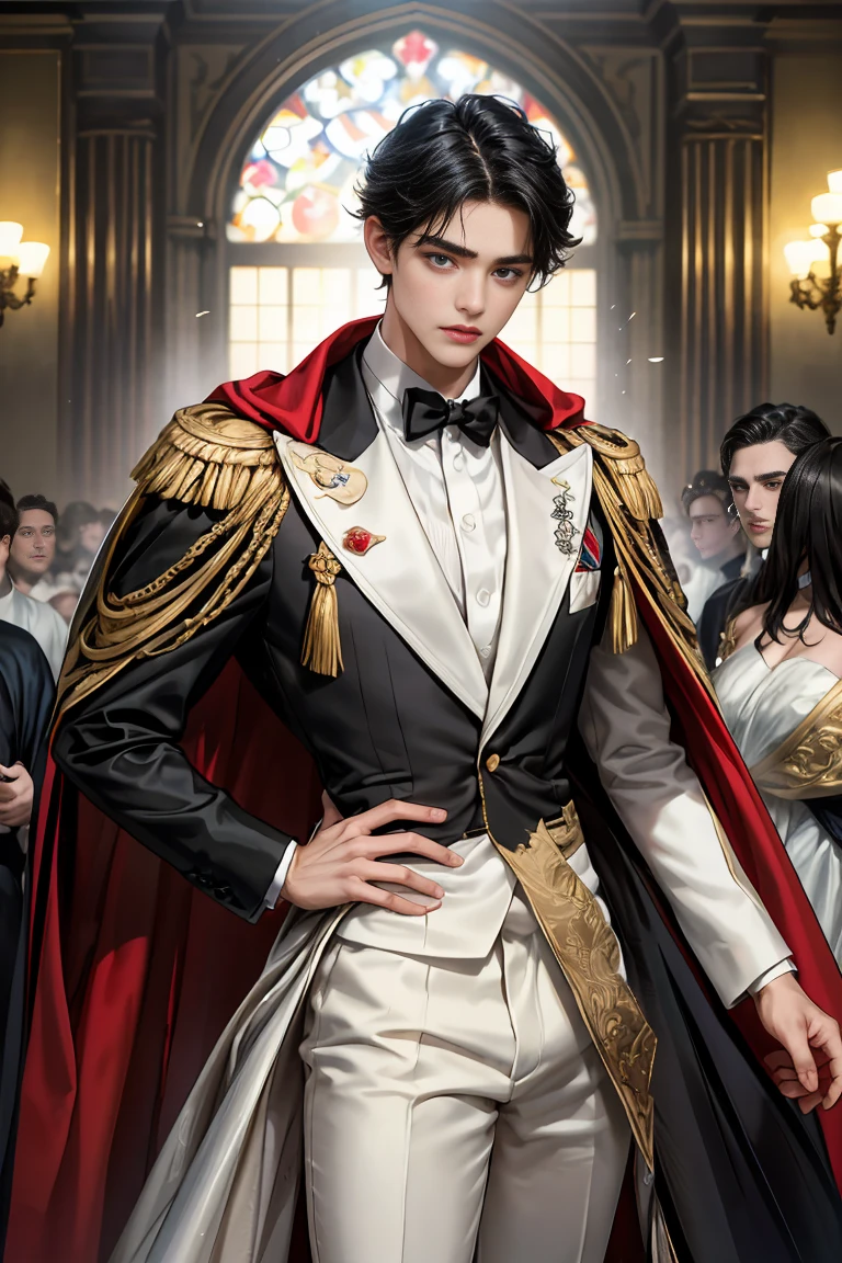 
masterpiece, 最high quality, high quality, 1 boy, alone, Male focus, Watching the audience,  Messy black hair, Adorable big blue eyes, White, Noble, Noble,Sexy voluminous cape、Tuxedo、A very voluminous, large, very large, very large, long, long red and black cape with a high stand-up collar, reaching down to the floor, made of a lot of fabric., 17 years old,Cute beautiful boys,Cute, cute, kind, handsome guy