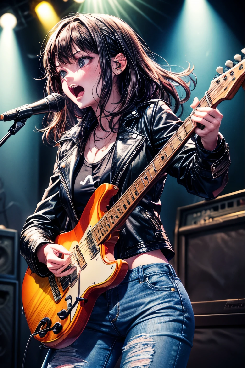 (32k), A 17-year-old girl wearing a black leather jacket with prickly studs and distressed jeans is singing while playing an electric guitar in the spotlight at a live music venue. Sometimes while screaming, (perfect hand), muste piece, best quality, Super detailed, masterpiece,