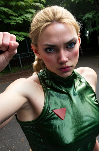 (((Fighting Pose))),(Realistic,photograph), blonde, Pale-skinned, A 25-year-old woman with beautiful features and fine features., Cammy the Street Fighter, Medium sized breasts, Cosplay, Costume Cammy, blonde hair, Her blue eyes shine with depth, whole body, Very low cut leotard Green or camo, Red Beret, long blonde braids, Exposing shoulders, red combat Underarms,Raise the hand,Underarm,Sweaty Underarm,Put your arms behind your head,awesome Underarms,Sweat,Sweaty,Exhausted,fatigue、naked