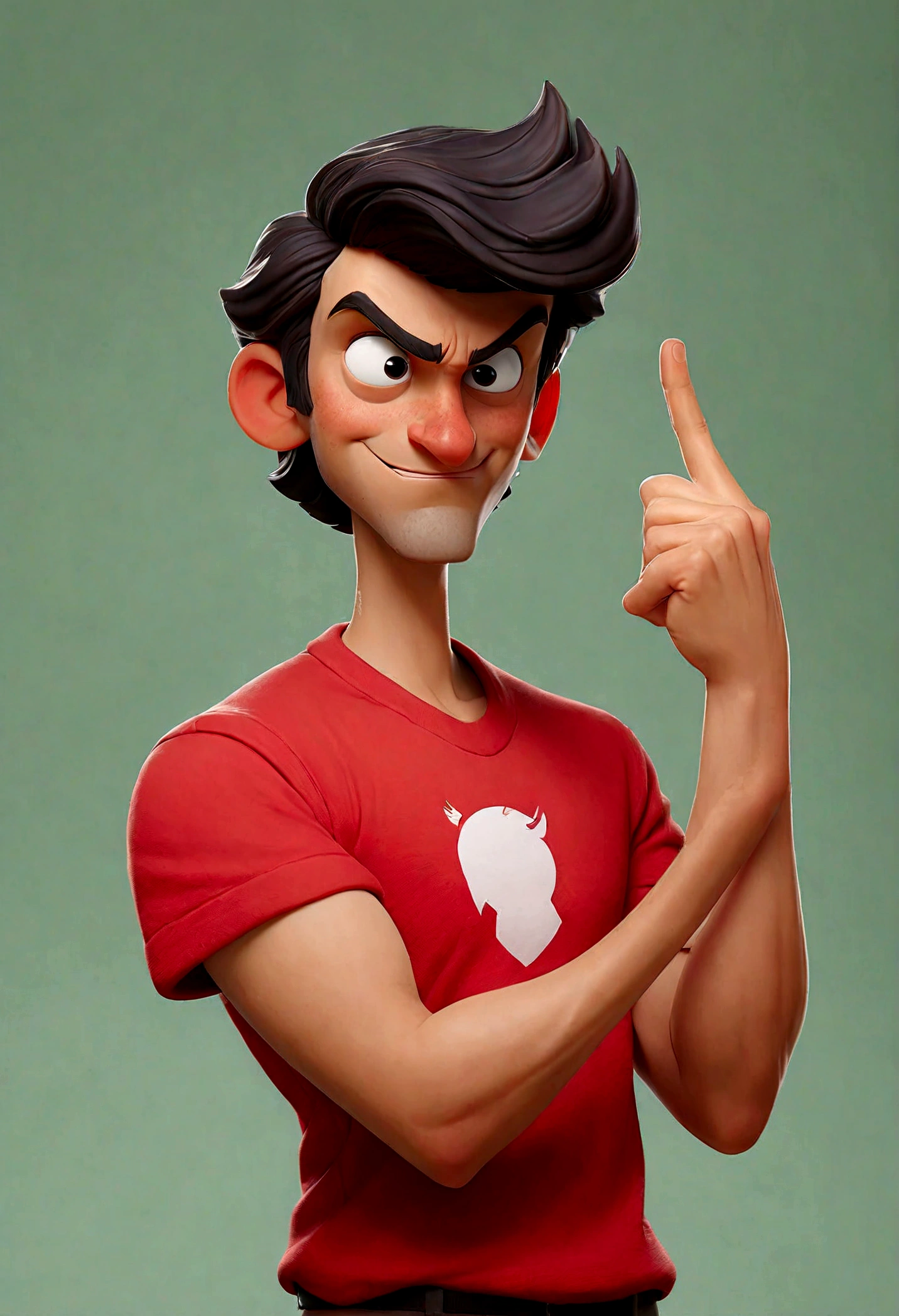 The image shows a man standing against a plain background. He is wearing a red t-shirt and has dark hair. His left hand is raised, making the gesture with his index finger and thumb. He appears to be smiling and looking directly at the camera.