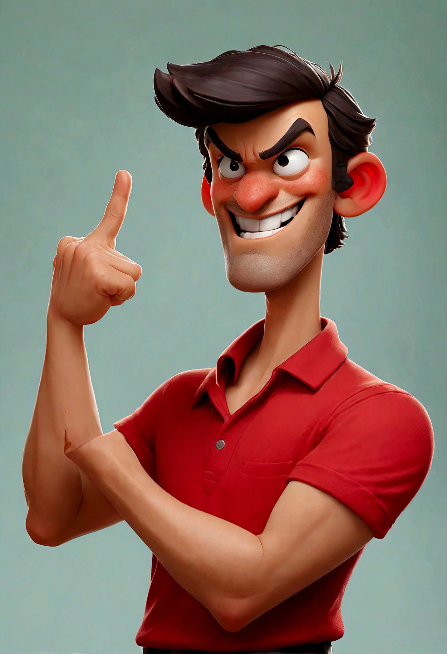 The image shows a man standing against a plain background. He is wearing a red t-shirt and has dark hair. His left hand is raised, making the gesture with his index finger and thumb. He appears to be smiling and looking directly at the camera.