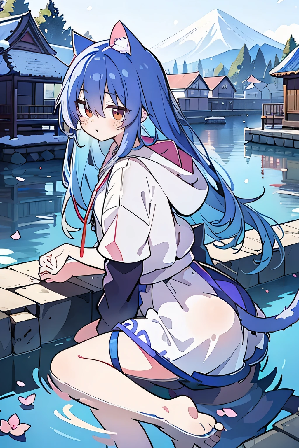 (masterpiece:1.2),Super detailed,lifelike,Expressive eyes,fair skin,perfect face shape,1 girl,
Japanese comics,Gorgeous blue hair,flowing blue hair,flowing clothes,Cat ears,Petals fall,beautiful lola,Baby Angel,
Shaking head with one hand,Cross your legs,Gentle and peaceful background,The pavilion is cool and comfortable,smile, wearing hoodie, background of tokyo,back views,snowing, winter,lie on the water.