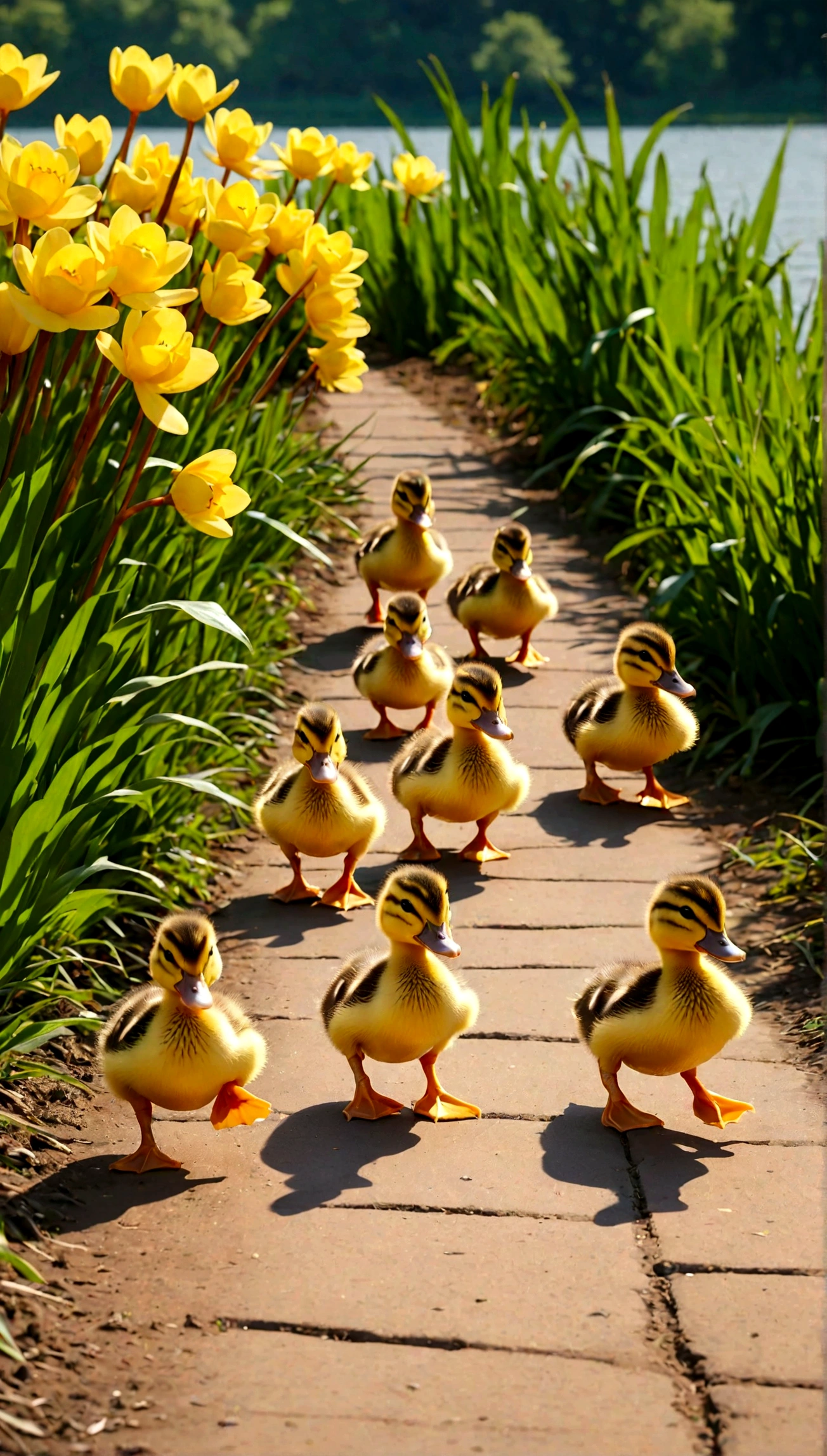 several ducklings walking in a line towards the lake, the day is beautiful there are several different types of ducks