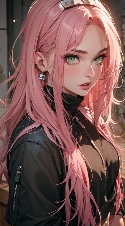 young woman, short shoulder-length pink hair, wide forehead, porcelain skin, pink eyebrows, big emerald green eyes, buttoned nose, full lips, heart-shaped face, slender body, small breasts, red tank top, Sakura Haruno , realistic, realism, details, 3d, well detailed
