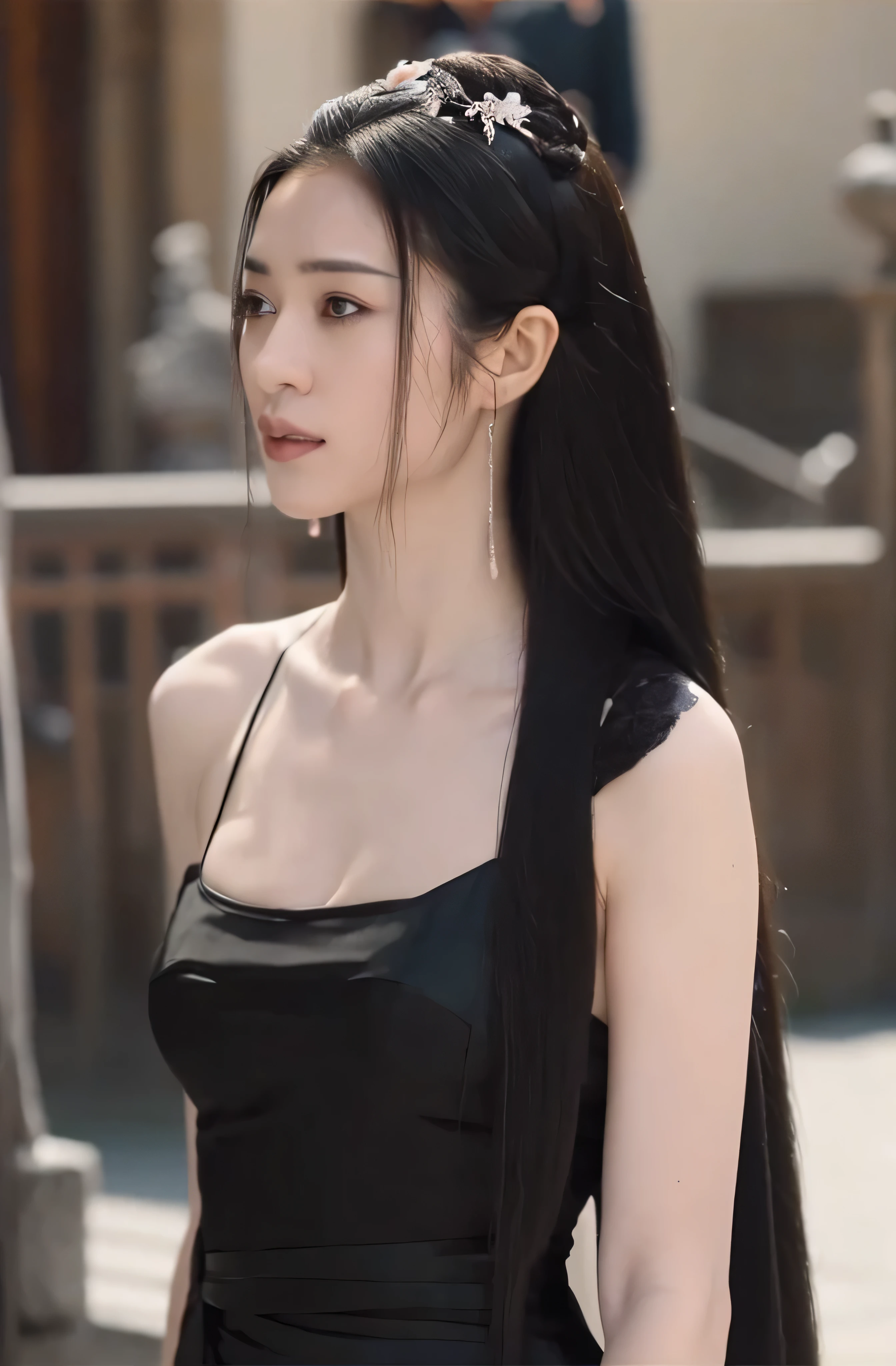 A beautiful woman，alone，Full breasts，Wearing a black silk dress