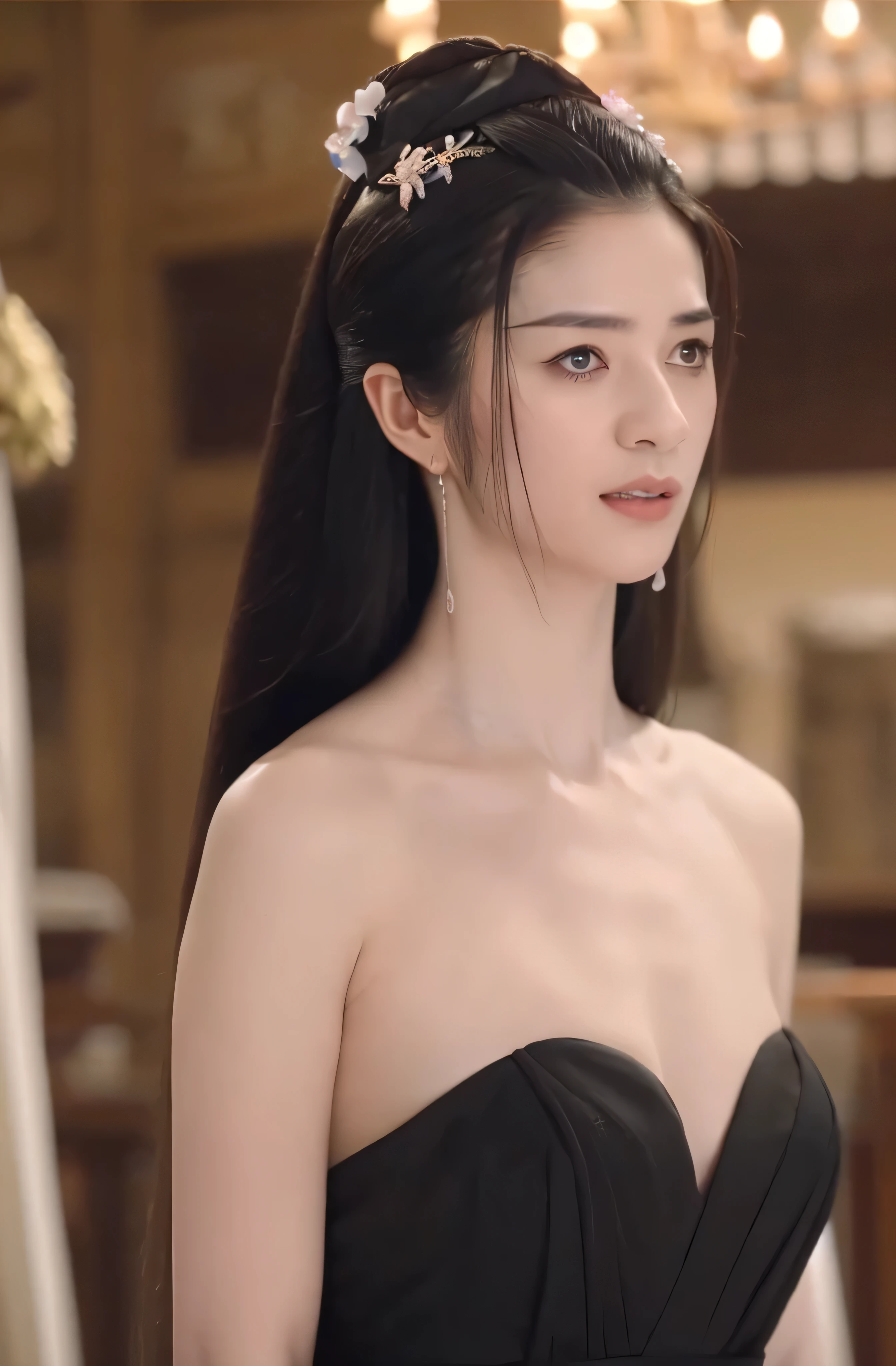 A beautiful woman，alone，Full breasts，Wearing a black silk dress