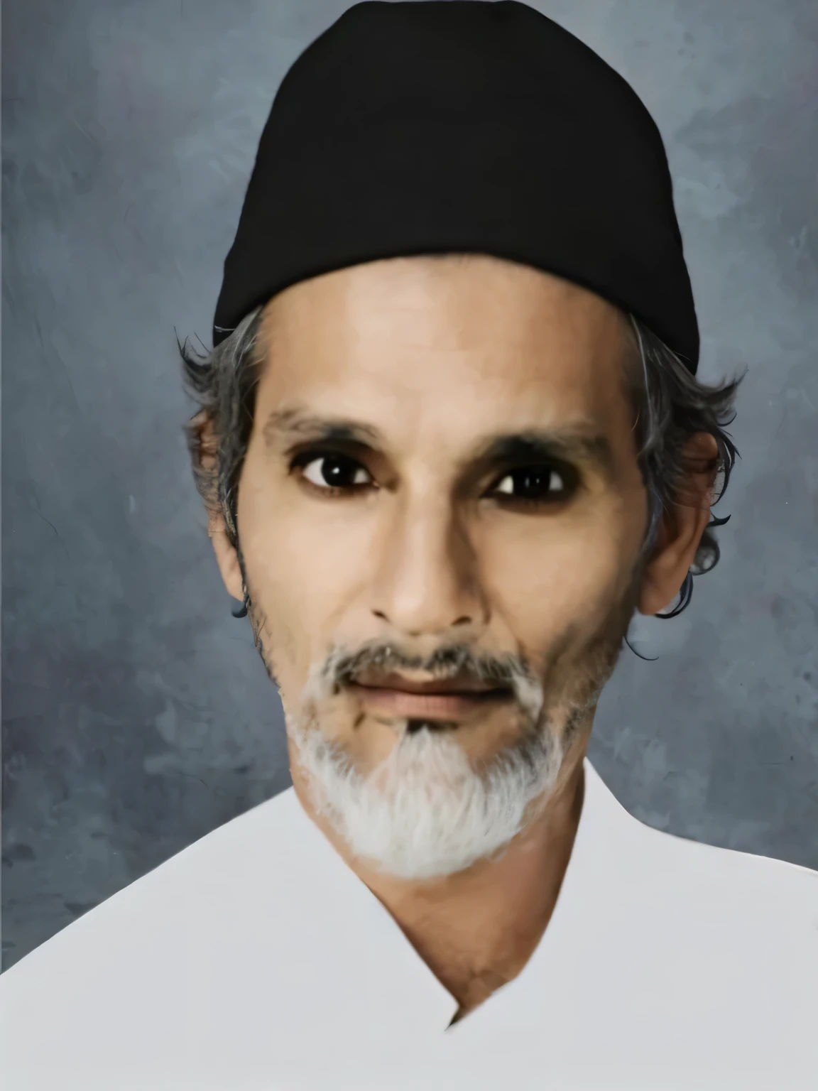 The picture shows a man wearing a black skullcap and white beard, wearing a white shirt