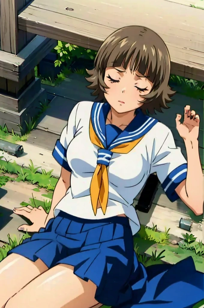 (masterpiece:1.3),(highest quality:1.4),(Super detailed:1.5),8K,High resolution,an extremely delicate and beautiful,Official Art,Perfect Anatomy,(anime_screencap:1.11),(90s Anime,90s Anime style,Cel-shaded anime:1.17),
anime coloring,detailed face and eyes, (solo:1.5),(anmnr:1.1),((ekitokuwz:1.52)),(school uniform:1.3),serafuku,short brown hair, pleated skirt, blue skirt, brown eyes, yellow neckerchief, short sleeves, japanese architecture,
From above,Sleep,(Lying on your back:1.3),close your eyes, Outdoor,Pasture,