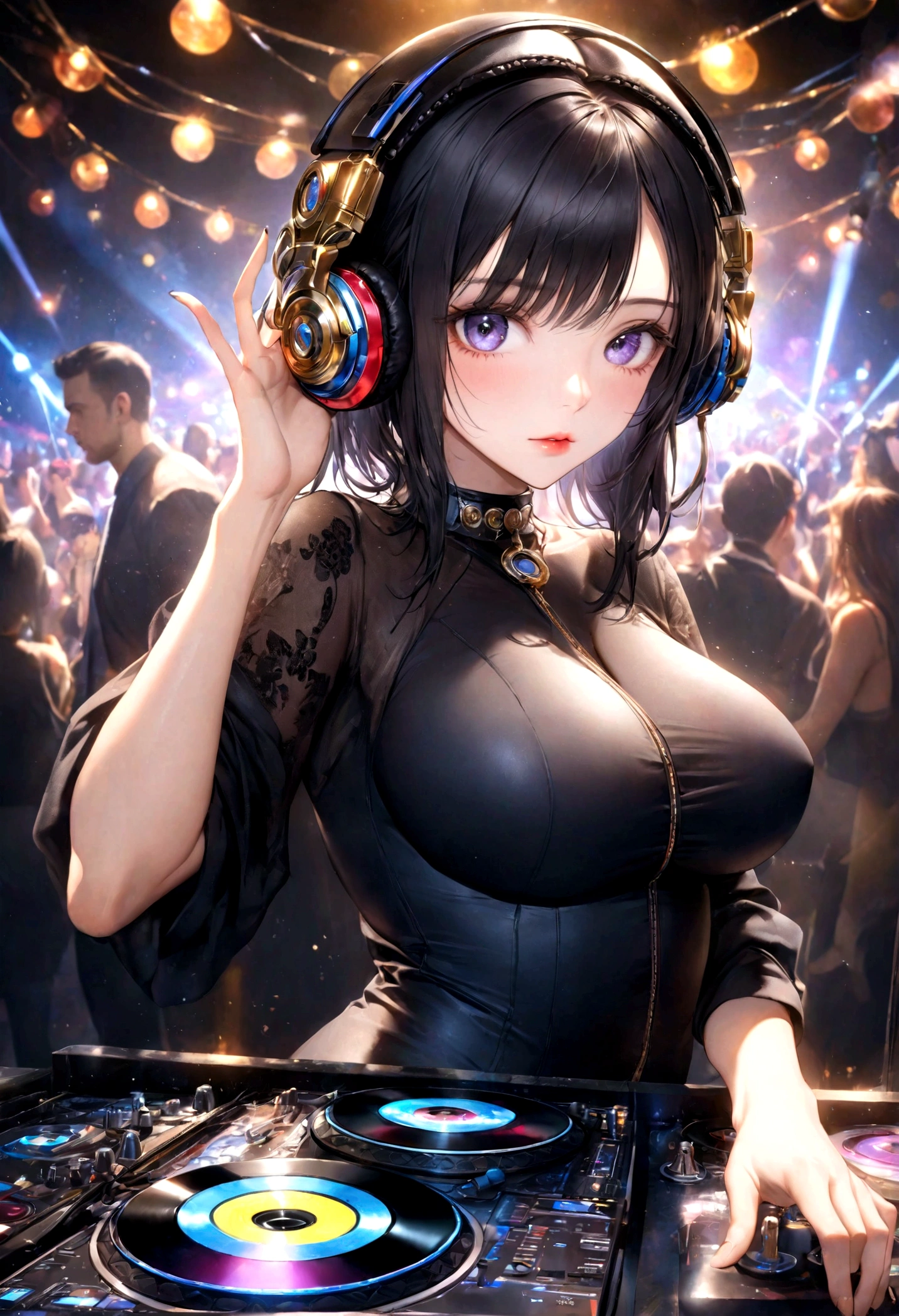 1 girl wearing headphones, beautiful detailed eyes, beautiful detailed lips, extremely detailed face and eyes, long eyelashes, perfect skin, black hair, large breasts, dj, dj booth, dancing to music, club, night live house, red laser lights, blue laser lights, random laser points, virtual reality, golden laser beams, purple laser lights, dj, live stage, realistic fingers, detailed natural fingers, best quality, 4k, 8k, highres, masterpiece:1.2, ultra-detailed, realistic, photorealistic:1.37, HDR, UHD, studio lighting, ultra-fine painting, sharp focus, physically-based rendering, extreme detail description, professional, vivid colors, bokeh