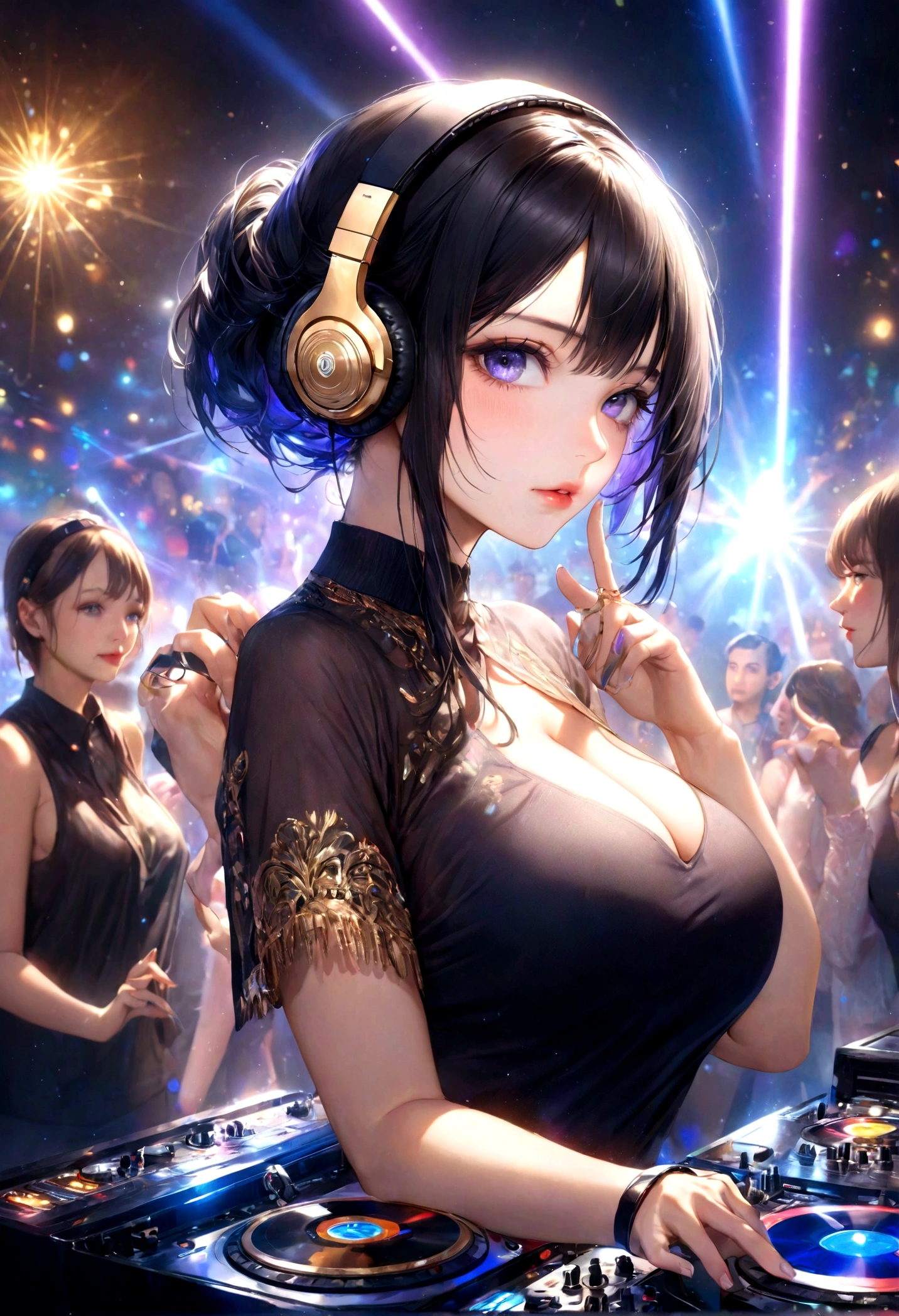 1 girl wearing headphones, beautiful detailed eyes, beautiful detailed lips, extremely detailed face and eyes, long eyelashes, perfect skin, black hair, large breasts, dj, dj booth, dancing to music, club, night live house, red laser lights, blue laser lights, random laser points, virtual reality, golden laser beams, purple laser lights, dj, live stage, realistic fingers, detailed natural fingers, best quality, 4k, 8k, highres, masterpiece:1.2, ultra-detailed, realistic, photorealistic:1.37, HDR, UHD, studio lighting, ultra-fine painting, sharp focus, physically-based rendering, extreme detail description, professional, vivid colors, bokeh