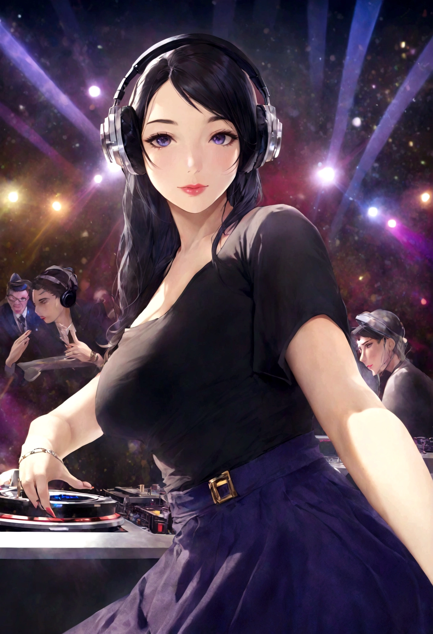 1 girl wearing headphones, beautiful detailed eyes, beautiful detailed lips, extremely detailed face and eyes, long eyelashes, perfect skin, black hair, large breasts, dj, dj booth, dancing to music, club, night live house, red laser lights, blue laser lights, random laser points, virtual reality, golden laser beams, purple laser lights, dj, live stage, realistic fingers, detailed natural fingers, best quality, 4k, 8k, highres, masterpiece:1.2, ultra-detailed, realistic, photorealistic:1.37, HDR, UHD, studio lighting, ultra-fine painting, sharp focus, physically-based rendering, extreme detail description, professional, vivid colors, bokeh