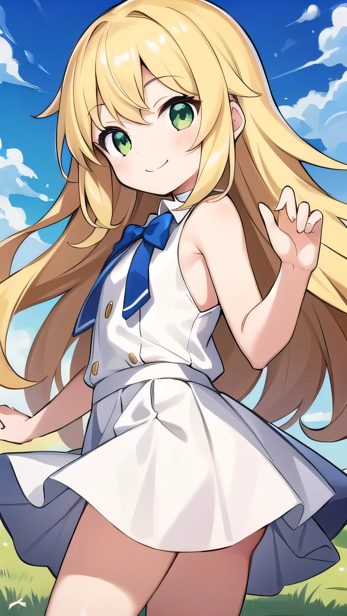 Blonde, elementary school student, green eyes, long hair, elementary school student, white clothes, white miniskirt, kind smile, park, short, 9 years old, 135cm tall, blue sky, , hair hanging outside