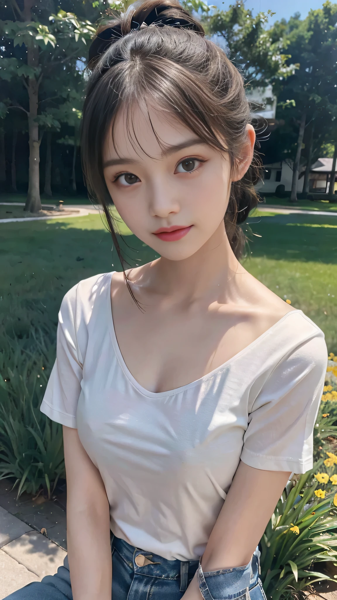 T-shirts,jeans,outdoors,Urban Park,On the lawn,Close up face,One woman,masutepiece, The highest image quality, High quality, the background is clear,Beautiful woman, Japanese,Ultra-detailed, finely detail, hight resolution, 8K Wallpaper, Perfect dynamic composition, Beautiful detailed eyes , Detailed, Detailed eyes, Detailed skin, Beautiful skin, 超hight resolution, (reality: 1.4),Very beautiful woman, Slightly younger face, Beautiful skin, slender, (Ultra photo realsisim), (hight resolution), (8K), (Very detailed) (beautifully detailed eyes), (super detailed), (Detailed face), view the viewer, Fine details, Detailed face, Staring straight ahead, Staring straight ahead, photos realistic, Bright lighting, Professional Lighting, Black hair,poneyTail,a baby face,fourteen years old,Hairstyle: ponytail,Long ponytail hairstyle,slight smile,neat and tidy clothing,Beautiful Japanese KPOP idol photo, hair style is ponytail, my eyes are double and wide, baby face, smile and look straight ahead, slender, small breasts,Close up face,