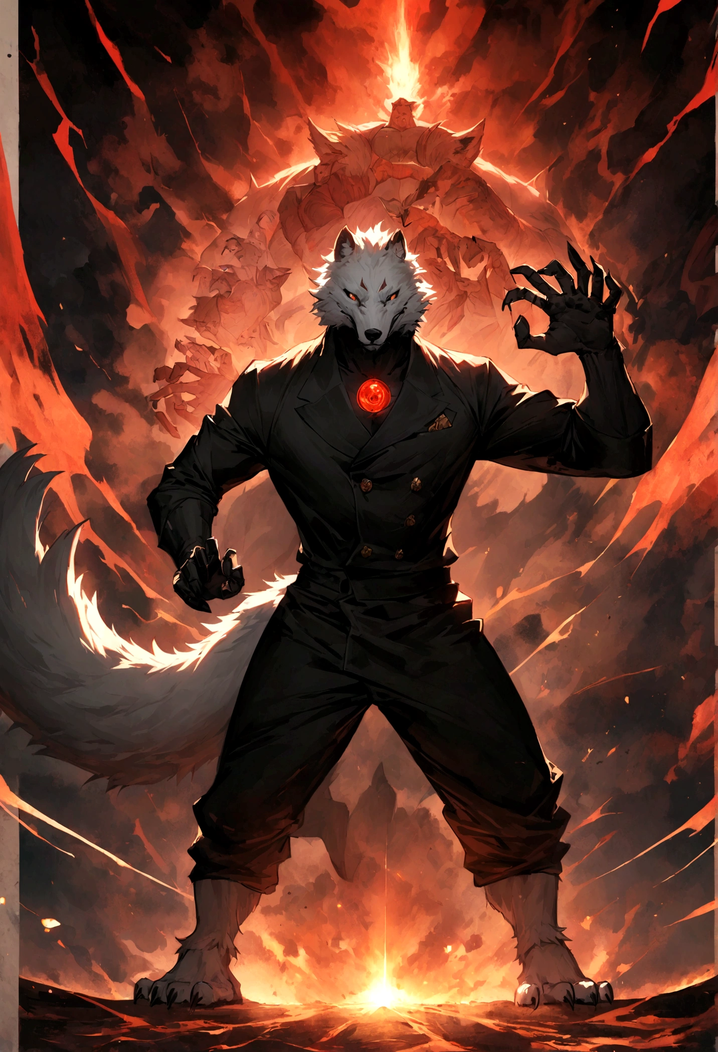 make a jujutsu kaisen style temple as a domain expansion named after : tempestades malevolentes: faça um furry (lobo negro) in the center making the expansion hand sign