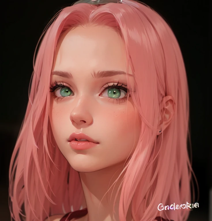 young woman, short shoulder-length pink hair, wide forehead, porcelain skin, pink eyebrows, big emerald green eyes, buttoned nose, full lips, heart-shaped face, slender body, small breasts, red tank top, Sakura Haruno , realistic, realism, details, 3d, well detailed
