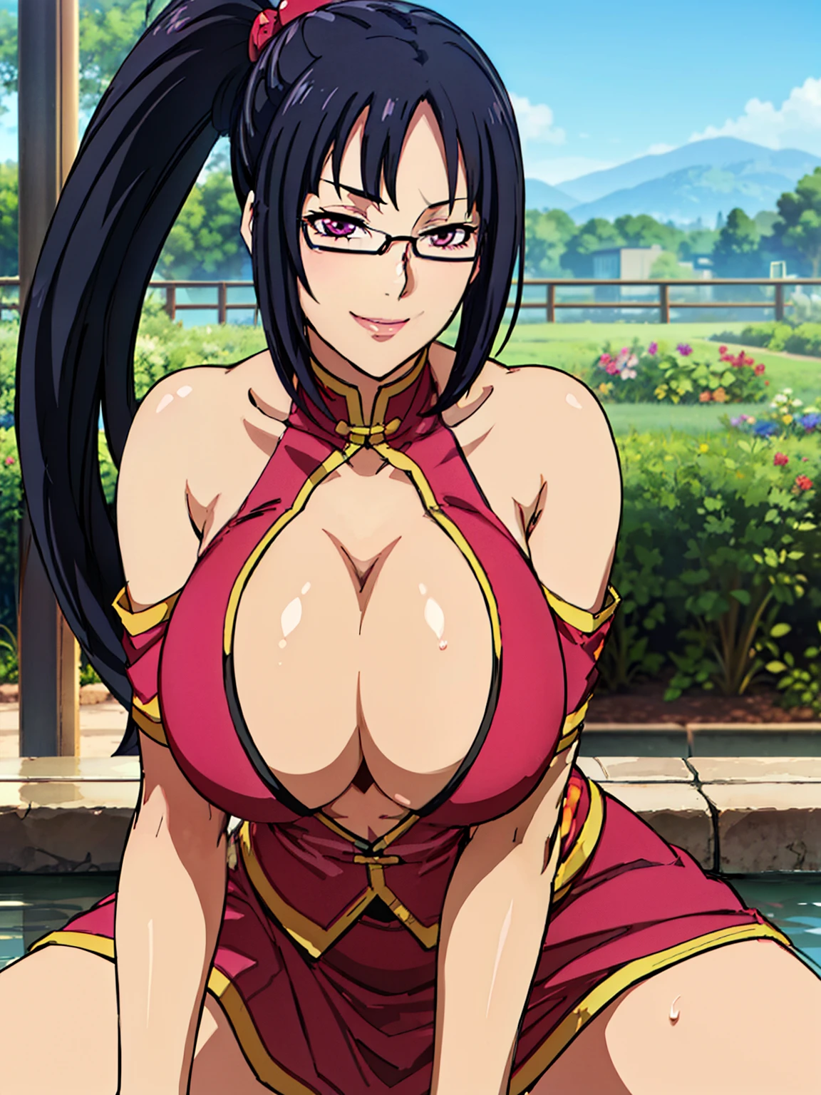 pov from below, squatting, grabbing breasts pose, (pink dress), chinese clothes, cleavage cutout, clothing cutout, bare shoulders, sunny weather, (garden background), Litchi Faye-Ling, mature woman, anime cels style, best quality, high resolution, 1girl, (huge breasts:1.2), beautiful face, Beautiful Finger, Beautiful long legs, Beautiful body, Beautiful Nose,Beautiful character design, semi-rimless eyewear, lipstick, black hair, very long hair, ponytail,Bangs,purple eyes, (cowboy shot), smiling, looking at viewer