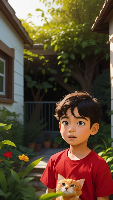 Realistic portrait of a seven-year-old boy, He wears a red shirt . His face is childish and exploratory . He goes out cautiously into the garden of the house,  A small cat is among the bushes and he touches it cautiously ,Not facing the camera,, Hair is untidy , 