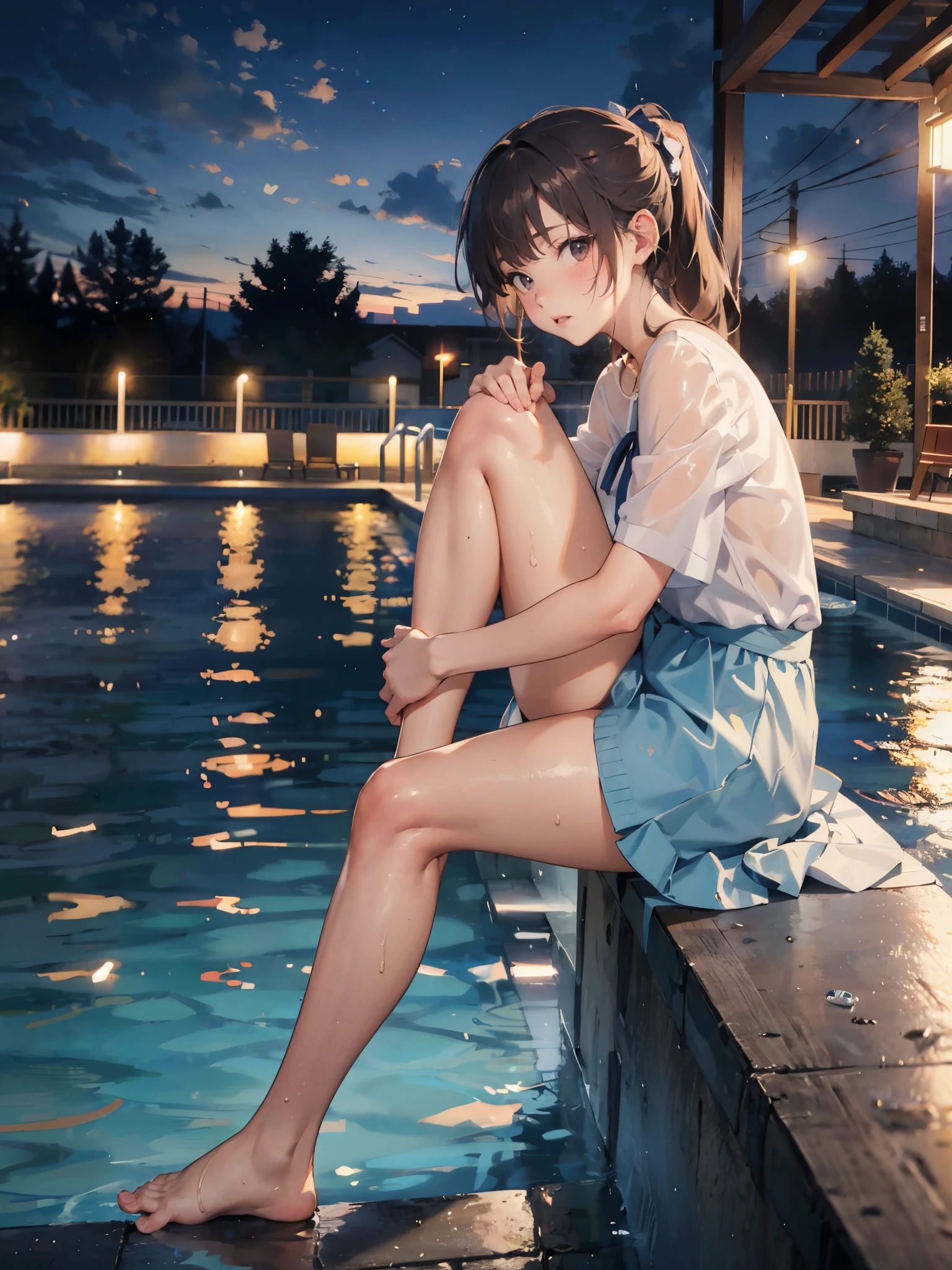 (extremely detailed CG unity 8k wallpaper), (masterpiece), (best quality), (ultra-detailed), (best illustration), (best shadow), (absurdres), Honors Type, Really blushing, 17 years old, high school girl, (naked:1.5), ponytail brown hair, sweaty healthy body, wetting full body, bare legs, ultra realistic, early morning, breeze, (knee up:1.5), in crowded public night pool, 