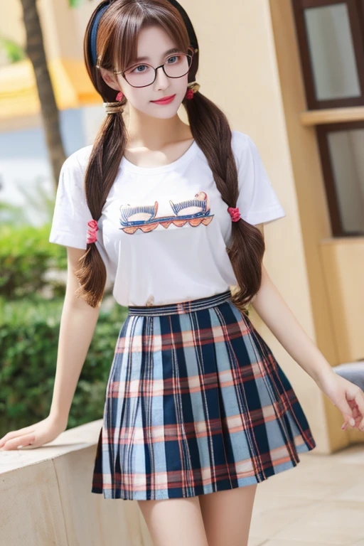highest quality、masterpiece、High sensitivity、High resolution、Slim Body、Glasses、Twin tails、Checked skirt、Ｔshirt、