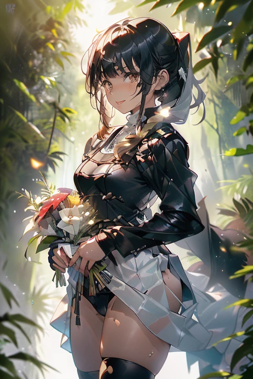 (from below:1.2),(from side:0.9), ((Face)), (Close-Up:0.4), ((looking at viewer, holding a bouquet)), highest quality、(real、photorealistic:1.4)、(RAW photo:1.2),highest quality,(masterpiece),(((Whole body image))),(a 18yo girl), (Highly detailed face),Slightly round face, (Tan brown face:1.0), Boyish beauties, beautiful face, Beautiful lips,Baby Face,(Black gal:1.0),(Big eyes),((black,hair,long pony tail hair)),thin pubic hair,cute,lovely,(strong silver hair:1.2),(blunt bangs),(Brown skin:1.0),(Military uniform, bulletproof jacket),nice companion,delicate body、thin legs,beautiful black dress,black gloves, black thighhighs, white panties,(double breasted,under bust:1.2),(Knife in one hand:1.3),in the forest,In the jungle,Woman in survival mode,Sexy thighs,Heat,Sweat heavily,Tropical forests,During a break,sit cross-legged on the ground,The way the light shines is beautiful, Beautiful buttocks,(with sparkling eyes and a contagious smile),little open mouth,