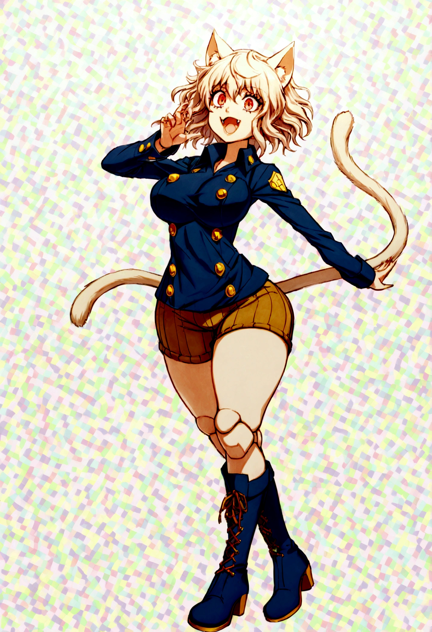 solo,open mouth,fangs,smile, Neferpitou,1girl,red eyes,cat ears, blue jacket,double-breasted, (nature:1.2),stading, full body, boots, huge breast, curvy, tall female,refsheet, cat tails,Neferpitou,1girl,red eyes,cat ears, blue jacket,double-breasted, (brown shorts:1.2),striped, brown socks,blue footwear, doll joints,(nature:1.2),solo,combat stance,lora:add_detail:1>,solo,open mouth,fangs,smile, fangs, sharpteeth,,{best quality}, {amazing quality} {best quality},{amazing quality},, {absurdres},{{highres}}, {very aesthetic}, {detailed}, curvy, tall, huge breast, character focus, white background,full-length portrait,