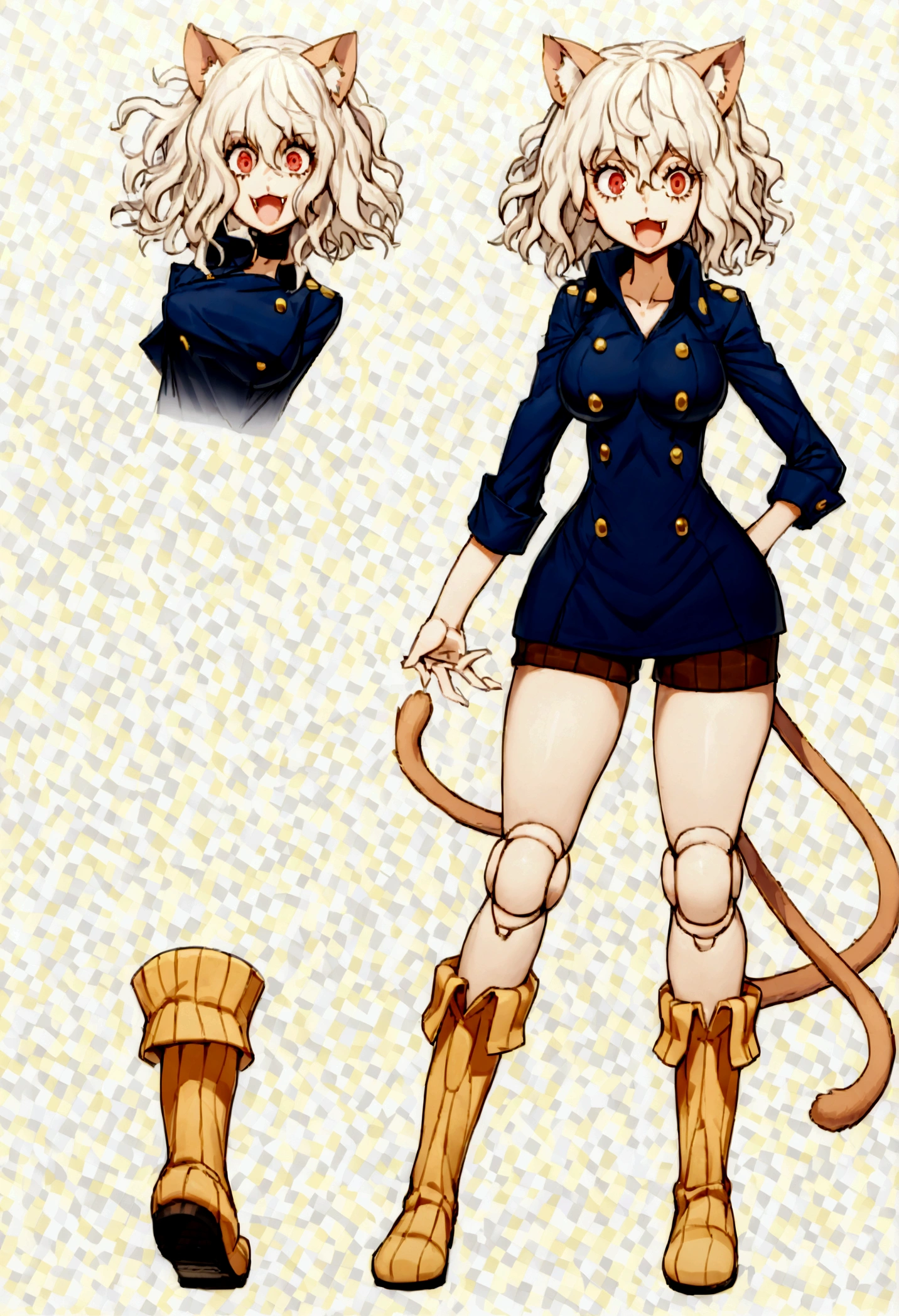 solo,open mouth,fangs,smile, Neferpitou,1girl,red eyes,cat ears, blue jacket,double-breasted, (nature:1.2),stading, full body, boots, huge breast, curvy, tall female,refsheet, cat tails,Neferpitou,1girl,red eyes,cat ears, blue jacket,double-breasted, (brown shorts:1.2),striped, brown socks,blue footwear, doll joints,(nature:1.2),solo,combat stance,lora:add_detail:1>,solo,open mouth,fangs,smile, fangs, sharpteeth,,{best quality}, {amazing quality} {best quality},{amazing quality},, {absurdres},{{highres}}, {very aesthetic}, {detailed}, curvy, tall, huge breast, character focus, white background,full-length portrait,