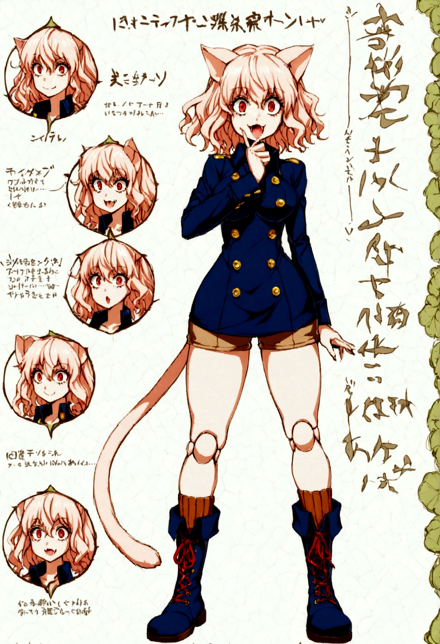 solo,open mouth,fangs,smile, Neferpitou,1girl,red eyes,cat ears, blue jacket,double-breasted, (nature:1.2),stading, full body, boots, huge breast, curvy, tall female,refsheet, cat tails,Neferpitou,1girl,red eyes,cat ears, blue jacket,double-breasted, (brown shorts:1.2),striped, brown socks,blue footwear, doll joints,(nature:1.2),solo,combat stance,lora:add_detail:1>,solo,open mouth,fangs,smile, fangs, sharpteeth,,{best quality}, {amazing quality} {best quality},{amazing quality},, {absurdres},{{highres}}, {very aesthetic}, {detailed}, curvy, tall, huge breast, character focus, white background,full-length portrait,