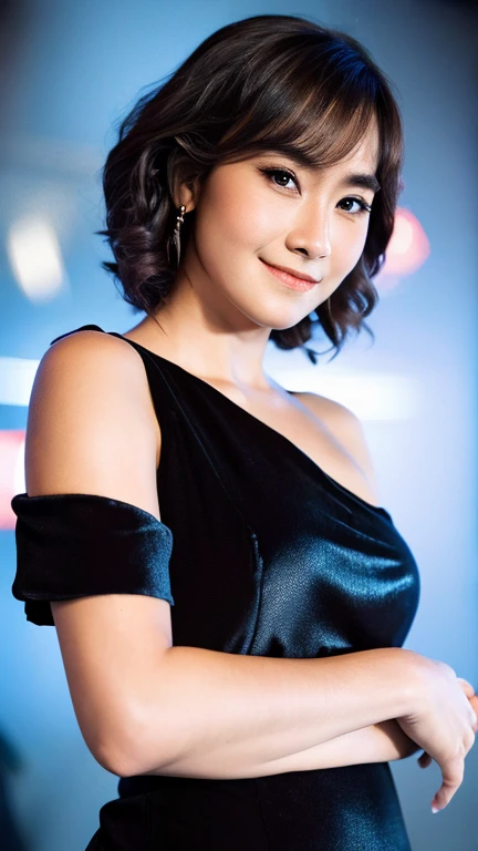 masterpiece, best quality, super high resolution, photography, realistic, super realistic, photorealistic, cinematic lighting, A young adult woman wearing a black dress and looking kindly against the night sky, short hair, cowboy shot, portrait, hill, milkyway