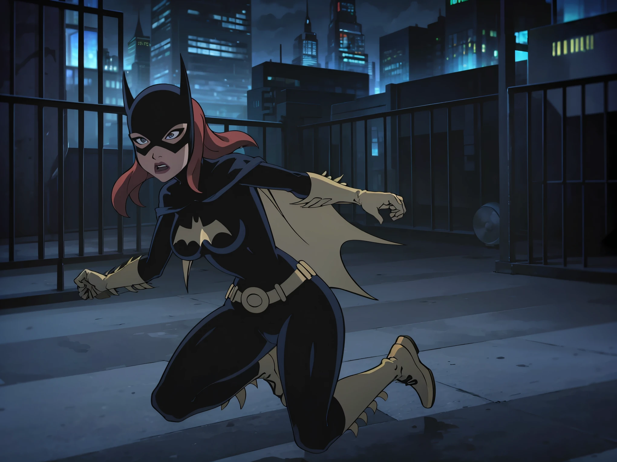 (Alta qualidade),(obra de arte),(detalhado), Batgitlfit, cabelos muito longos, cabelos ruivos, cabelo entre os olhos, rabo de cavalo alto, Fechaduras laterais, olhos azuis, batgirl, roupas brilhantes, body impossible, pele apertada, saia, Olhando para o Viewer, (pernas musculosas:1.3), Jumping over buildings, at night,em Gotham City (pose acrobatica)