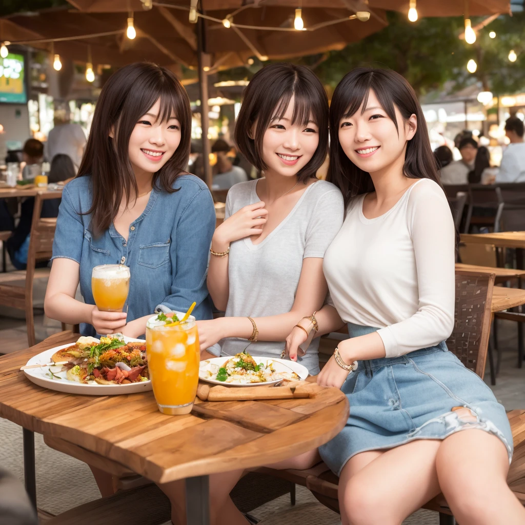 In a tranquil outdoor setting, 3peopleの日本people男性と3peopleの日本people女性が一緒に楽しいピクニックを楽しんでいる様子が見られる. people々, Dress casually in comfortable clothing, Fostering a sense of camaraderie through lively conversation and laughter. meanwhile, Women, Decked out in stylish yet relaxed attire, Share the fun, Their smiles reflect the joy of the moment.. Sit surrounded by delicious food and refreshing drinks, Surrounded by natural beauty. A scene filled with warmth and friendship as they enjoy each other's company and the simple pleasures of the outdoors..