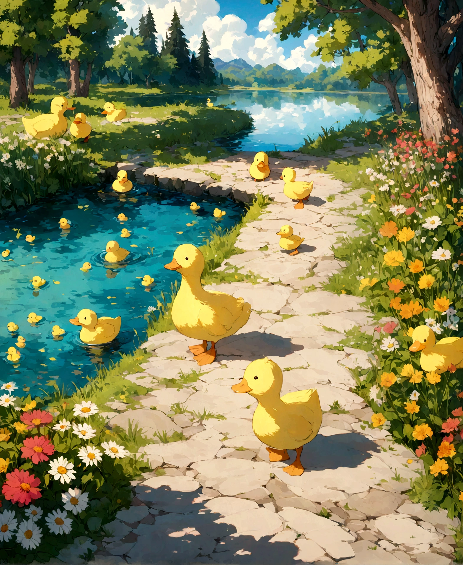 several ducklings walking in a line towards the lake, the day is beautiful there are several different types of ducks