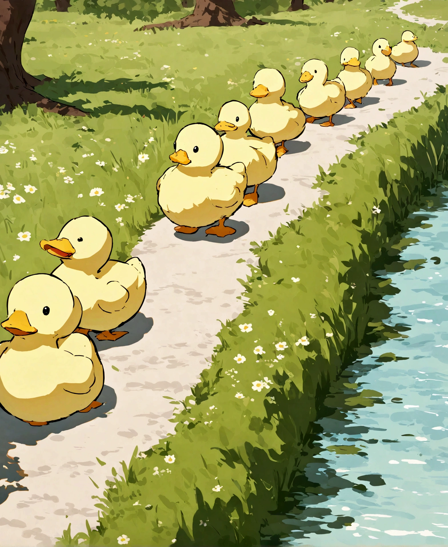 several ducklings walking in a line towards the lake, the day is beautiful there are several different types of ducks