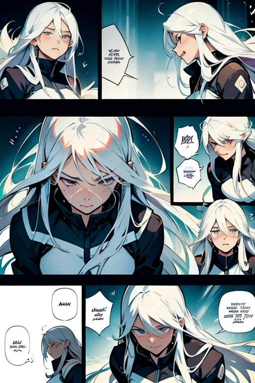 Girl with long white hair crying while fighting, manga page with panels and dialogue