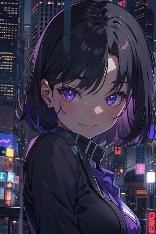 ((masterpiece, highest quality)), (One Woman), (alone), (Focus on women), (Black Hair), (Medium Hair), (Purple Cardigan),(Black Skirt), (Mature), (23 years old), (look straight at me),(pantyhose), (cool), (Shinjuku at night), Smile faintly, Lower your eyebrows, Can use psychic powers