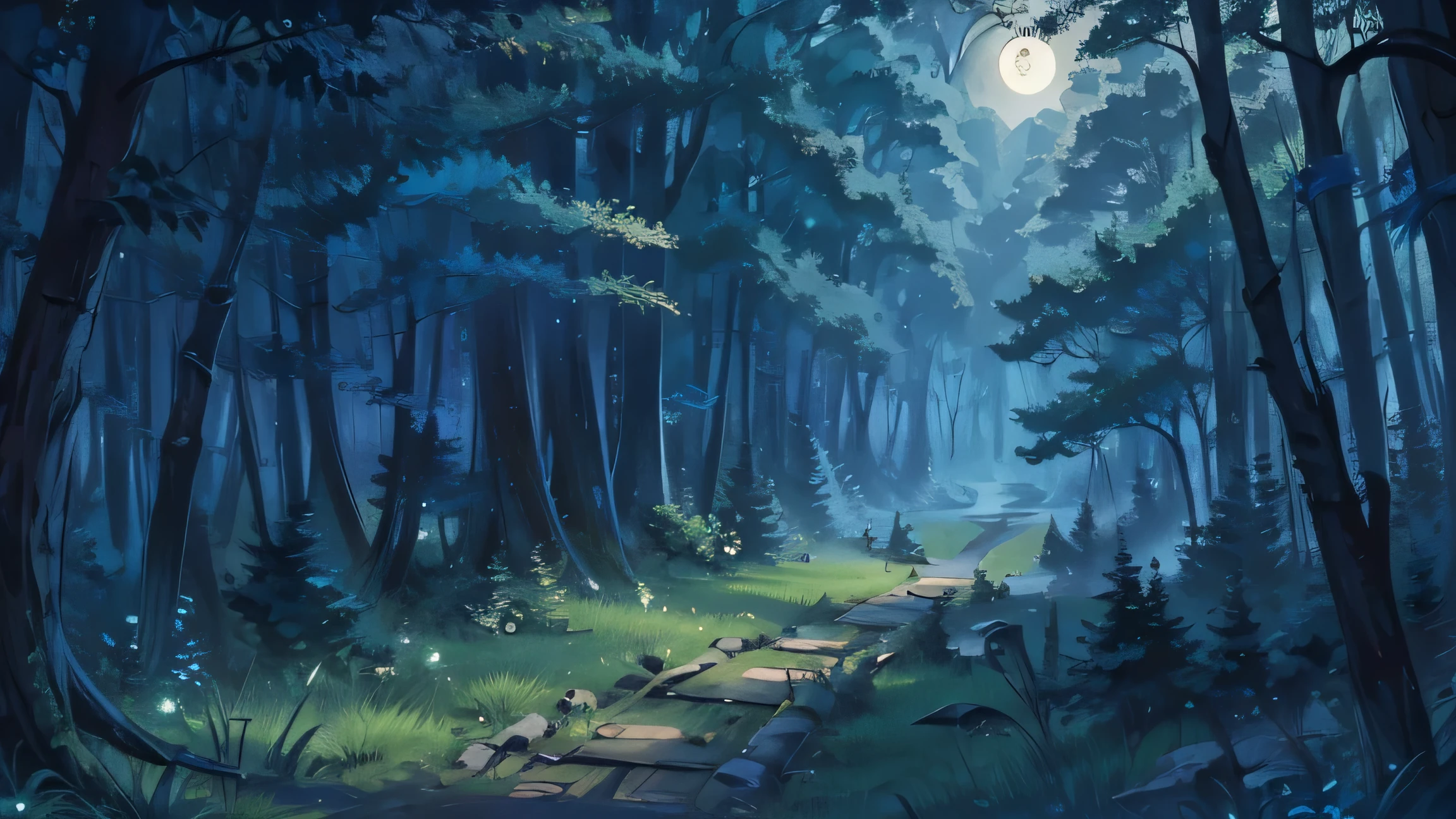 A path lit by moonlight in a quiet late-night forest. The sound of night insects and a faint breeze drifting by.
Late at night, forest, moonlight, small path, sound of insects