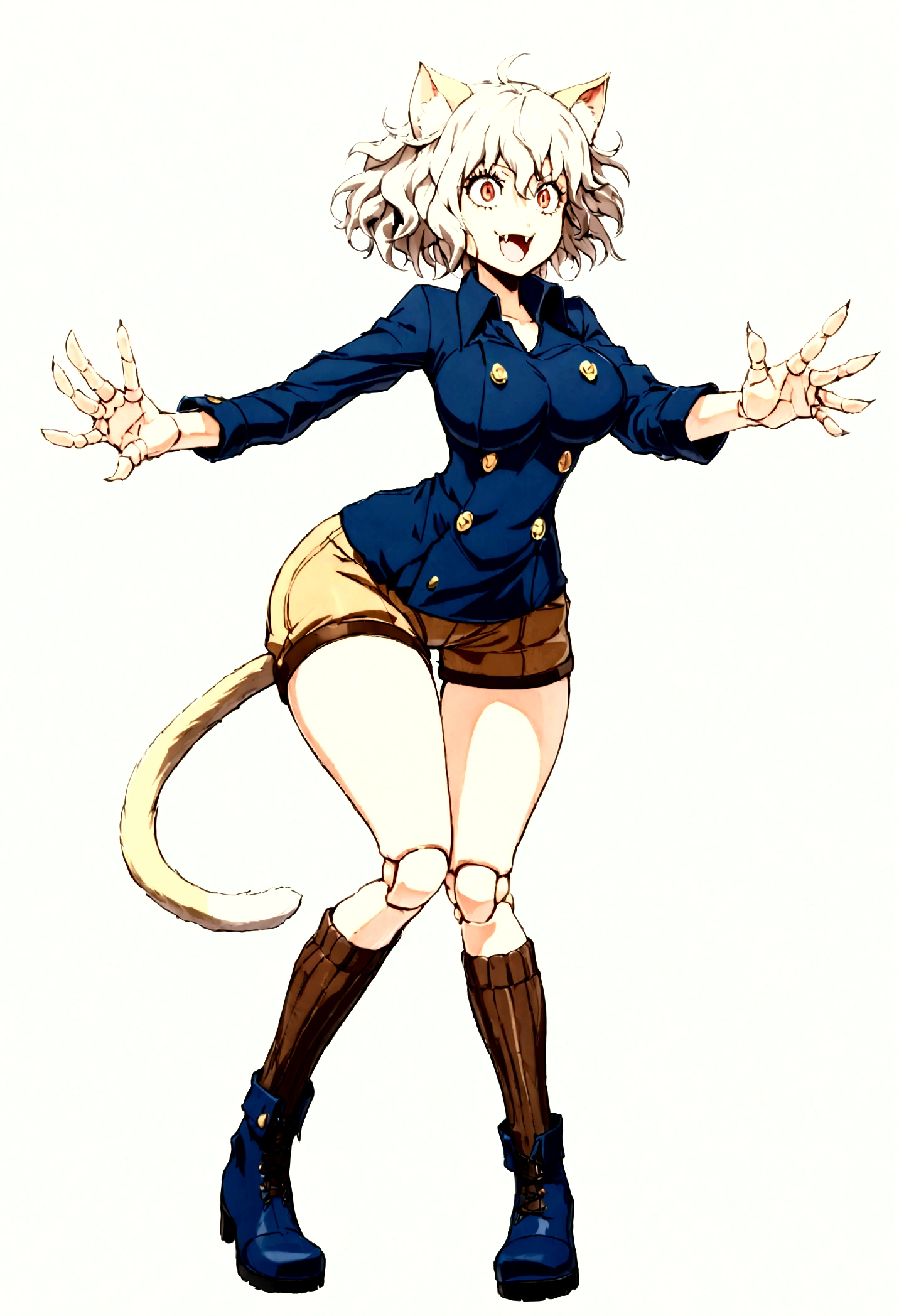 solo,open mouth,fangs,smile, Neferpitou,1girl,red eyes,cat ears, blue jacket,double-breasted, (nature:1.2),stading, full body, boots, huge breast, curvy, tall female,refsheet, cat tails,Neferpitou,1girl,red eyes,cat ears, blue jacket,double-breasted, (brown shorts:1.2),striped, brown socks,blue footwear, doll joints,(nature:1.2),solo,combat stance,lora:add_detail:1>,solo,open mouth,fangs,smile, fangs, sharpteeth,,{best quality}, {amazing quality} {best quality},{amazing quality},, {absurdres},{{highres}}, {very aesthetic}, {detailed}, curvy, tall, huge breast, character focus, white background,full-length portrait,