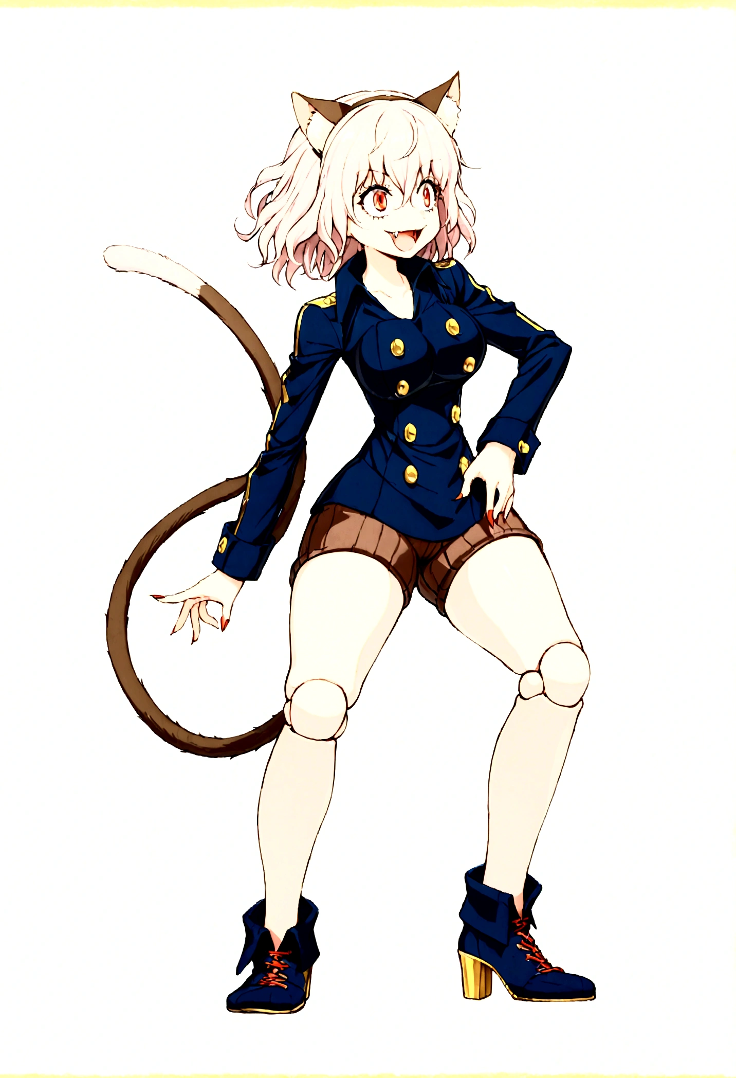 solo,open mouth,fangs,smile, Neferpitou,1girl,red eyes,cat ears, blue jacket,double-breasted, (nature:1.2),stading, full body, boots, huge breast, curvy, tall female,refsheet, cat tails,Neferpitou,1girl,red eyes,cat ears, blue jacket,double-breasted, (brown shorts:1.2),striped, brown socks,blue footwear, doll joints,(nature:1.2),solo,combat stance,lora:add_detail:1>,solo,open mouth,fangs,smile, fangs, sharpteeth,,{best quality}, {amazing quality} {best quality},{amazing quality},, {absurdres},{{highres}}, {very aesthetic}, {detailed}, curvy, tall, huge breast, character focus, white background,full-length portrait,